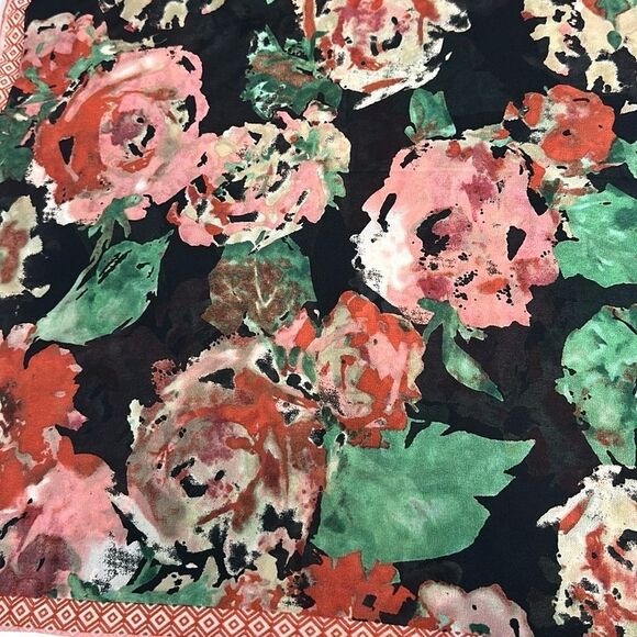 Large Silk (?) Chiffon Square Scarf Floral Print Hand Rolled 40x40” - Picture 2 of 11